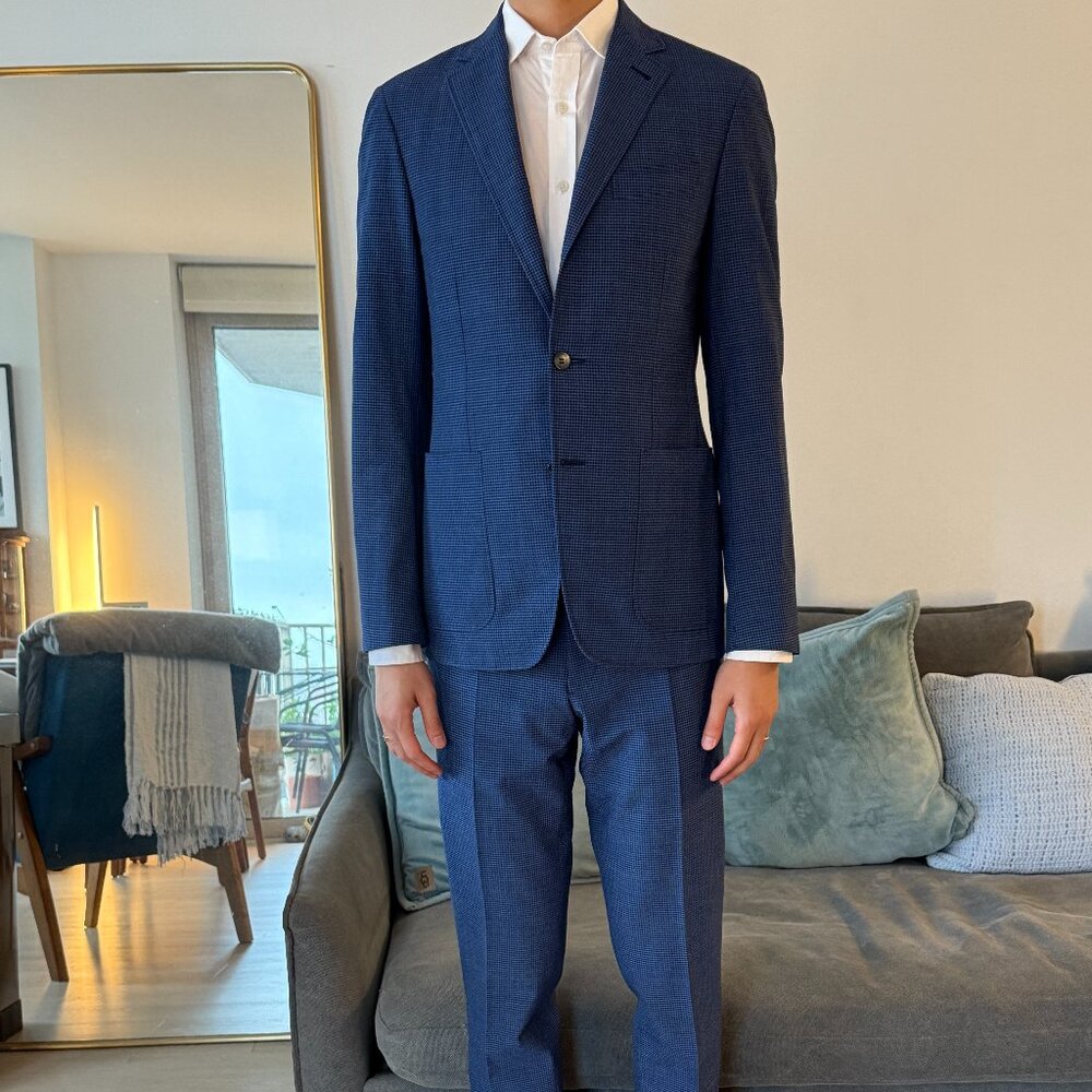 Men's Canali Kei Slim-Fit Checked Wool-Blend Seersucker Suit Size IT48 in Blue